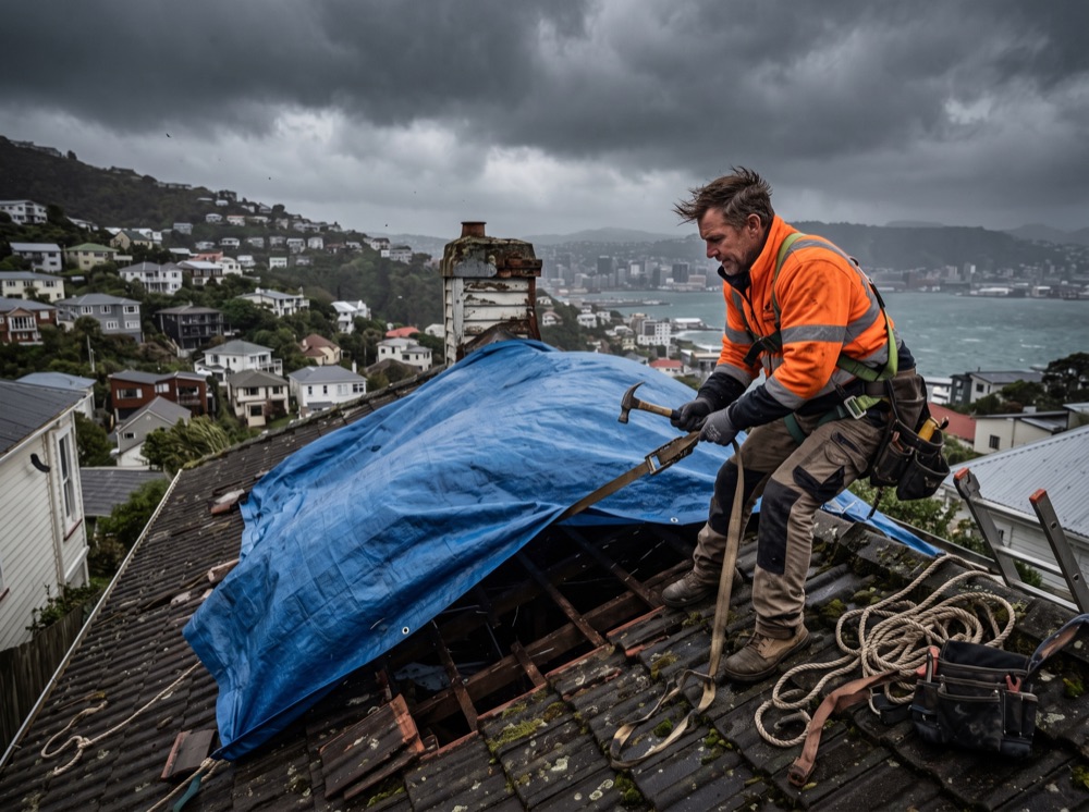 Storm-damaged roof secured with a tarpaulin in Wellington