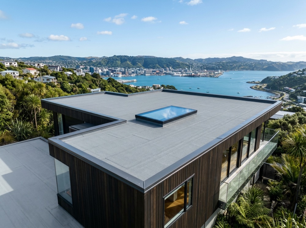 Flat membrane roof with skylight on a Wellington home