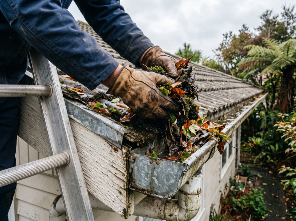 Clearing leaves and moss from a Wellington gutter