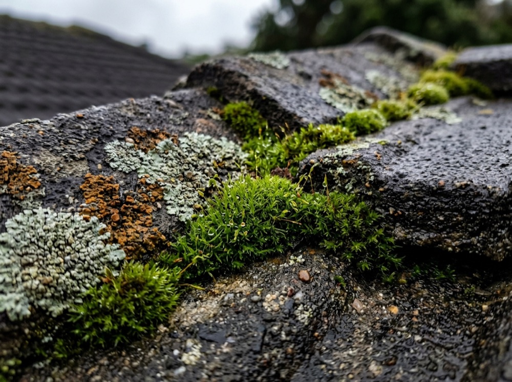 Moss and lichen growing between concrete roof tiles