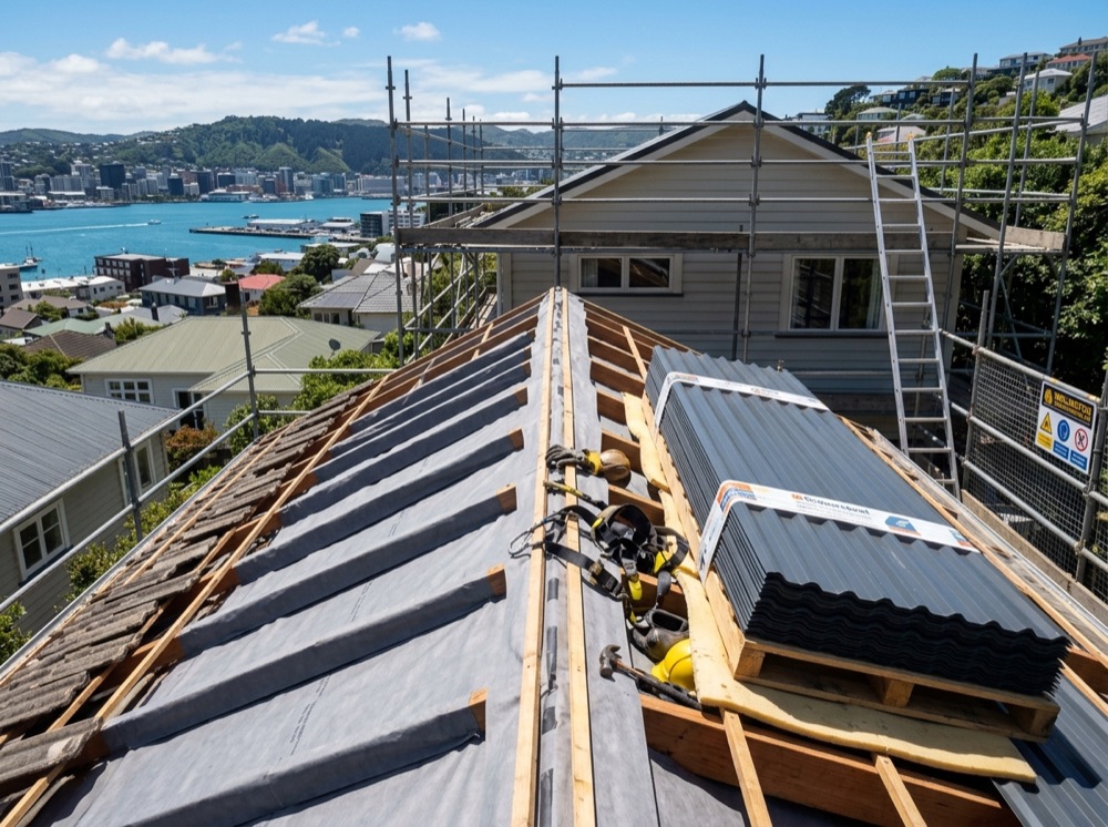 Roof stripped to underlayment with new Colorsteel sheets ready