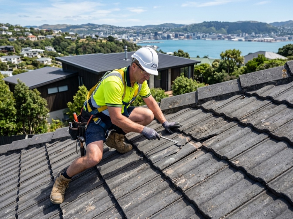 Roofer inspecting concrete roof tiles on a Wellington home