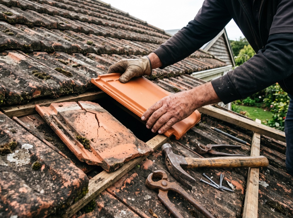Replacing a cracked roof tile in Wellington